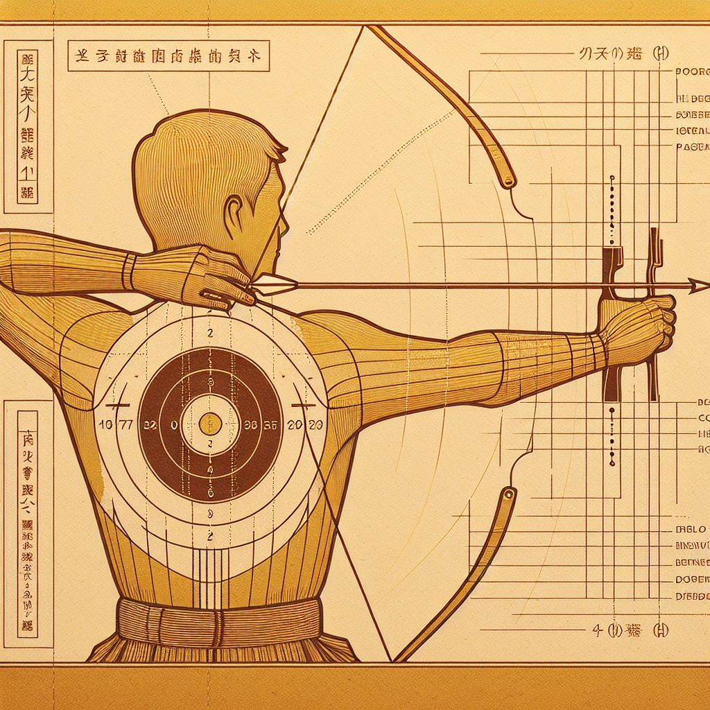 Archer's perspective showing wide peripheral vision with gaze slightly above the target during hikiwake