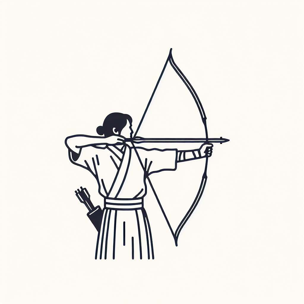 A kyudo archer at full draw with arrows indicating upward eye gaze direction, showing relaxed shoulders and extended arms