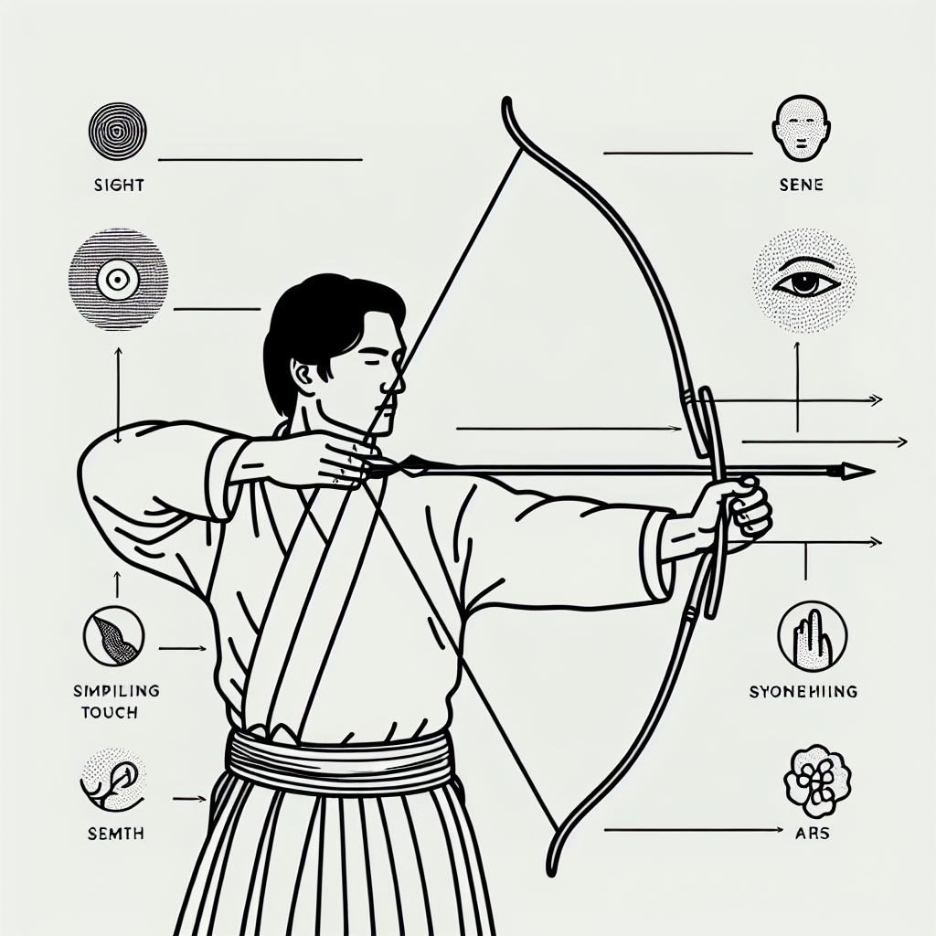 A person in kyudo stance with visual indicators showing the five senses - eyes looking slightly upward, ears level, hands gently gripping, weight centered in lower body