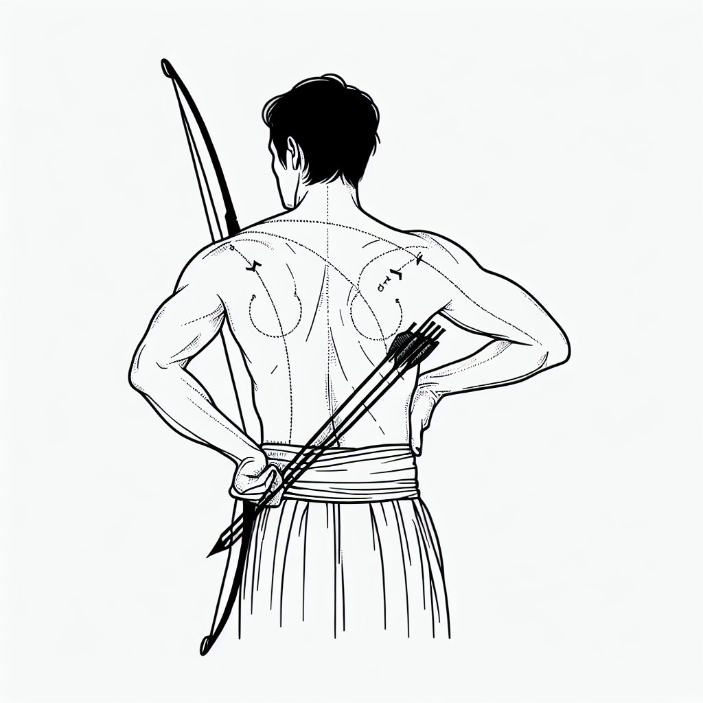 Archer standing with proper posture showing shoulder blades drawn down and back, chest open, with arrows indicating the direction of shoulder blade movement