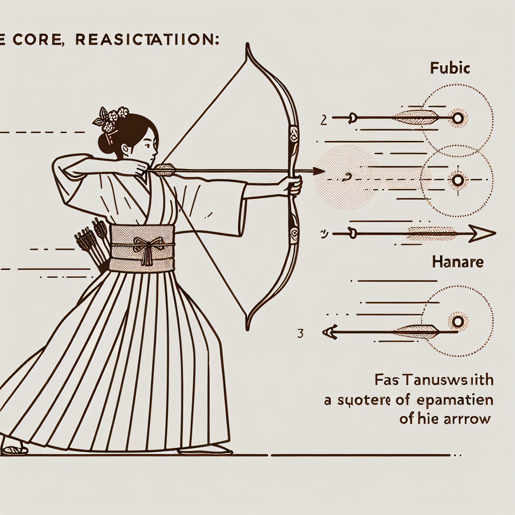 Archer releasing arrow with focus on fast release motion, showing the moment of hanare with quick separation of right hand from bowstring