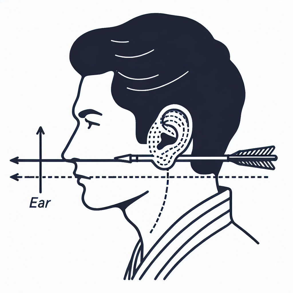 Side view of kyudo archer showing ear position aligned horizontally, with dotted line indicating level ear placement during draw