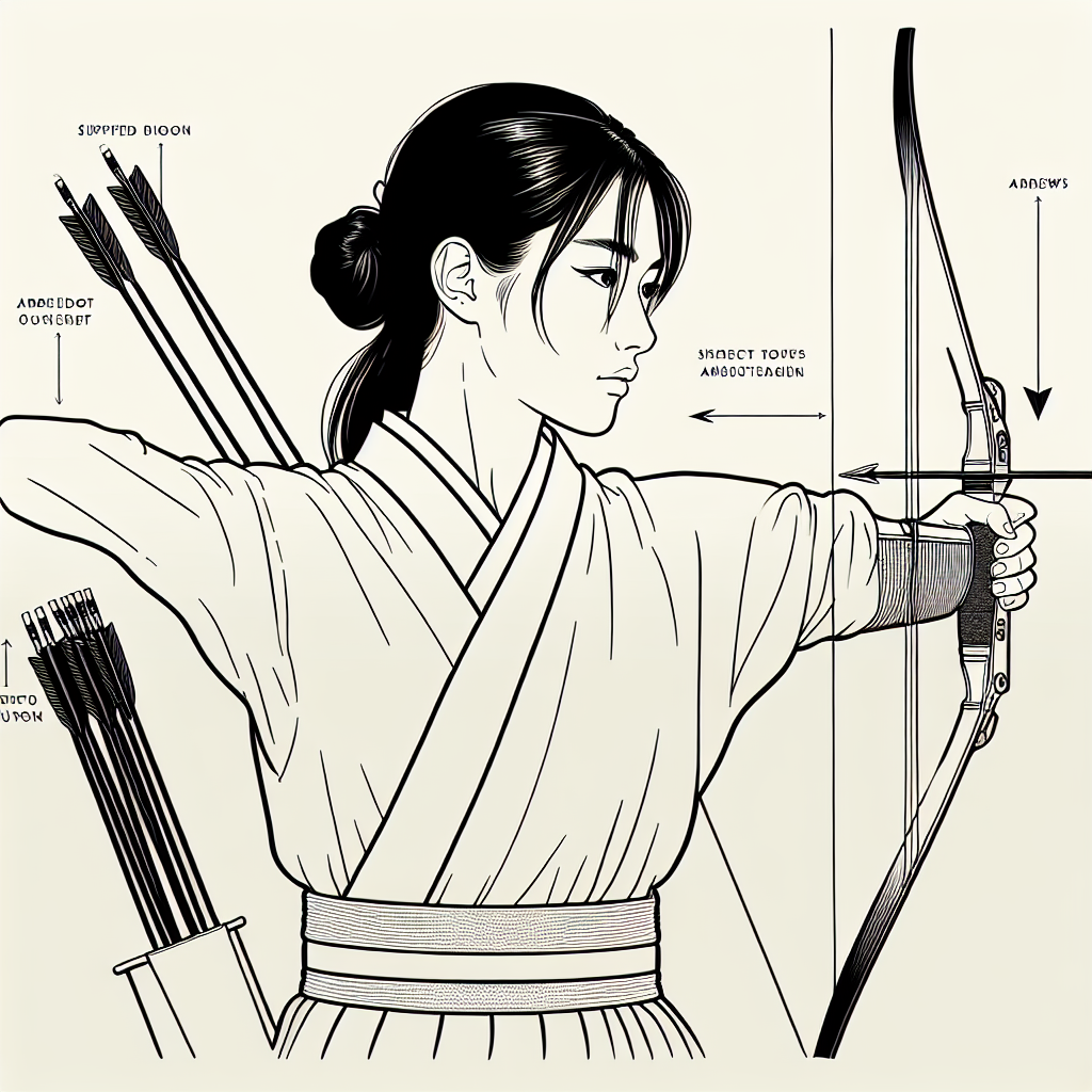 Side view of an archer showing eye gaze slightly upward with relaxed arms, arrows indicating the natural extension of triceps and biceps