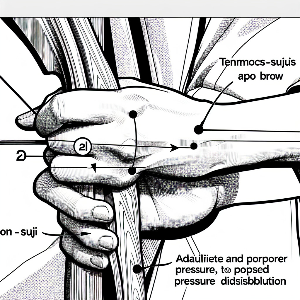 Close-up of hand gripping bow showing the tenmon-suji line with gentle contact, fingers relaxed, proper pressure distribution