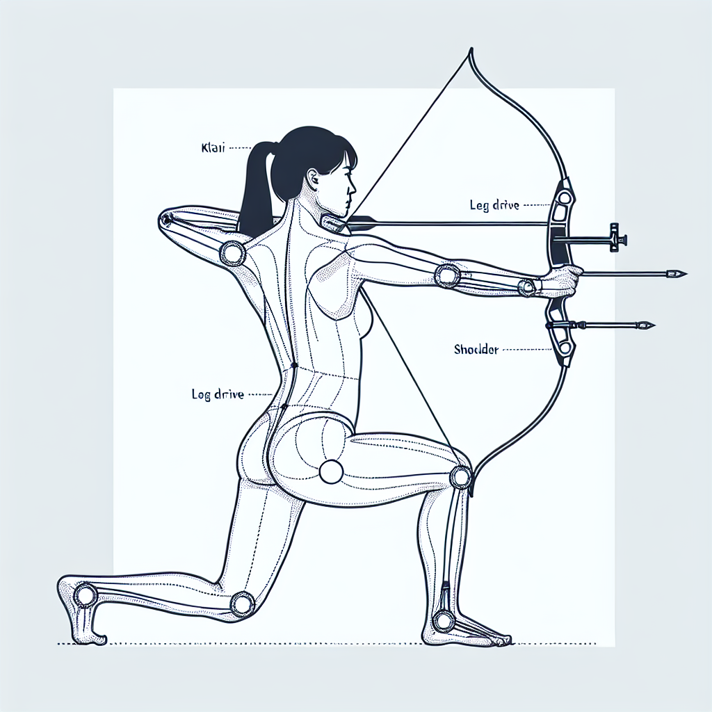 Front view of archer in kai position with feet pushing outward against floor, showing the connection between leg drive and shoulder opening with muscle engagement lines