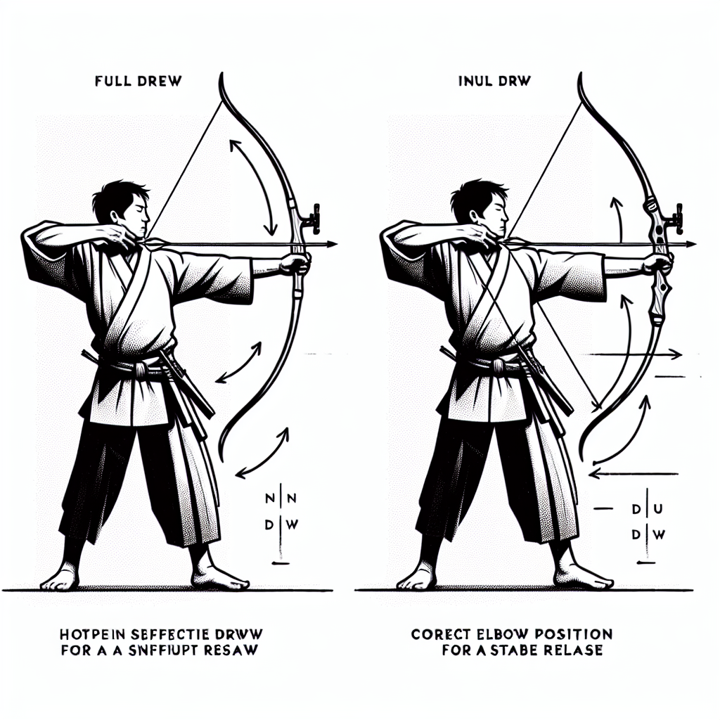 Side view comparison showing full draw length vs insufficient draw, demonstrating proper elbow position for stable release